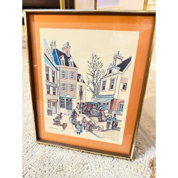 J. Dumas Framed Lithograph Print – Euro Str Scene – French Village Illustration - Picture 1 of 10